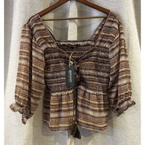 Shyanne‎ Women's Smocked Lace-Up Print Top Size Large NWT